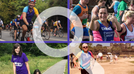 collage of event images - man on bike, female runner with her thumbs up, a mum and daughter walking in a park, older man in a cycling top