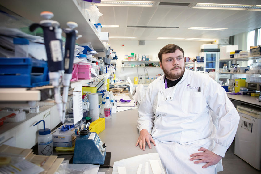Declan Whyte in the research lab at The Beatson Institute in Glasgow, Scotland.