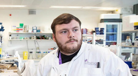 Declan Whyte in the research lab at The Beatson Institute in Glasgow, Scotland.