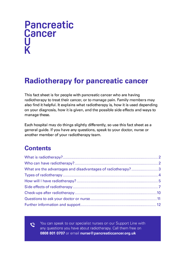 An image of the front cover of Pancreatic Cancer UK's fact sheet on radiotherapy for pancreatic cancer