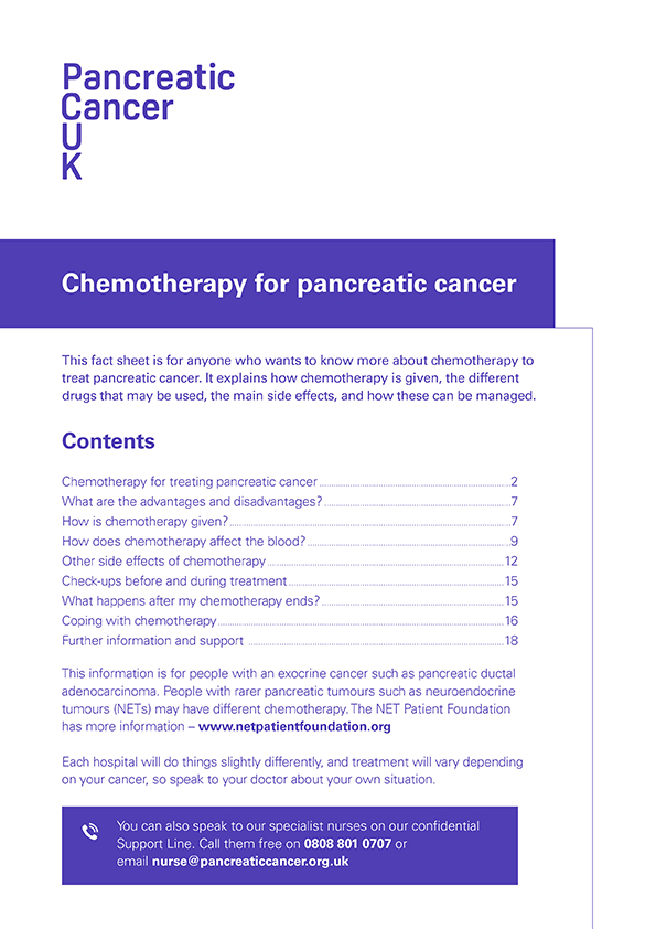 An image of the front cover of Pancreatic Cancer UK's fact sheet, Chemotherapy for pancreatic cancer