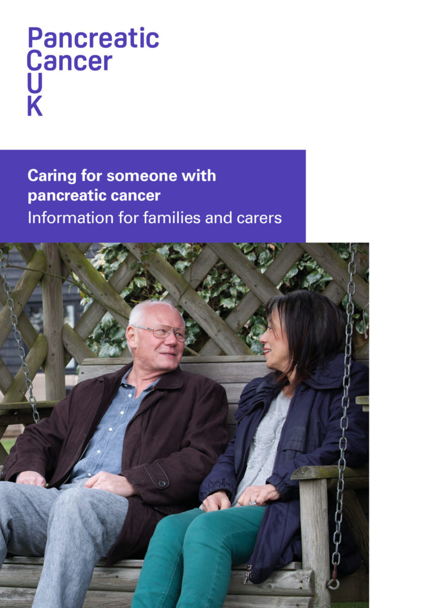 An image of the front cover of Pancreatic Cancer UK's booklet, Caring for someone with pancreatic cancer: information for families and carers