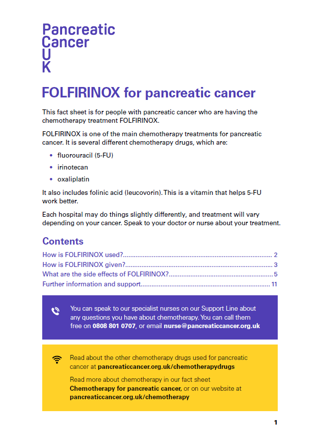 An image of the front cover of Pancreatic Cancer UK's information sheet about FOLFIRINOX