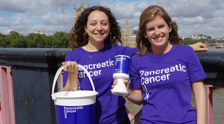 Two women stood on a bridge with the Houses of Parliament behind them, wearing PCUK t-shirts and holding fundraising buckets