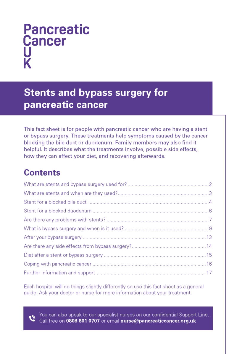 An image of the front cover of Pancreatic Cancer UK's fact sheet, Stents and bypass surgery