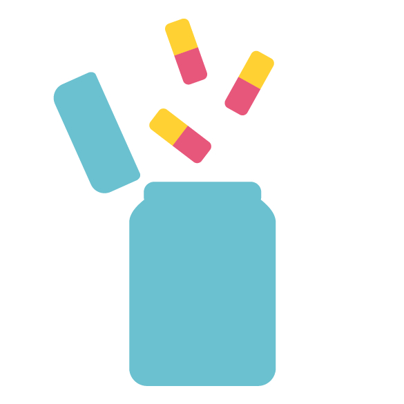 blue pill bottle with yellow and red pills out the top graphic