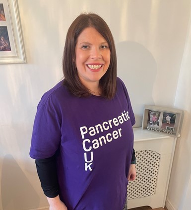 Amy wearing a Pancreatic Cancer UK tshirt