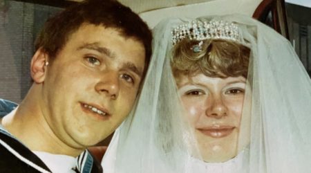 Sue and her husband on their wedding day