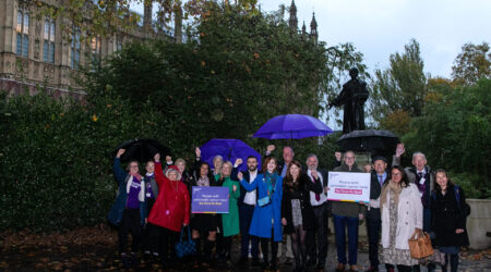 Pancreatic cancer team and volunteers braving the rain to campaign to Parliament