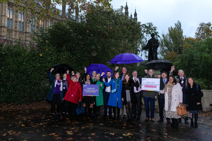 Pancreatic cancer team and volunteers braving the rain to campaign to Parliament