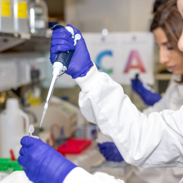 Two female researchers working in a lab wearing purples gloves and using a pipette