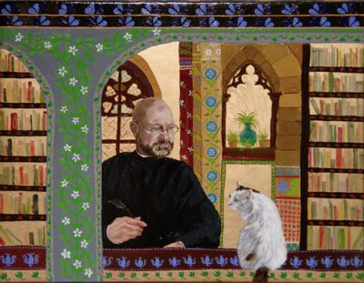 a painting of a man and a cat