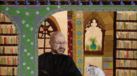 a painting of a man and a cat