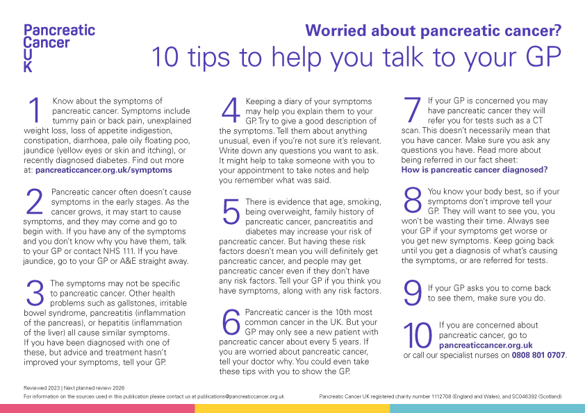 10 tips to help you talk to your GP - Pancreatic cancer UK - Worried about cancer? infographic