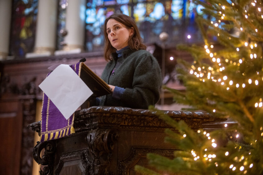 Cariad Lloyd - a Pancreatic cancer UK ambassador another angle in front of a christmas tree