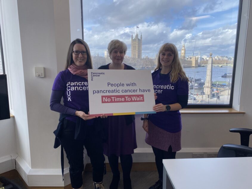 Supporter Rebecca Buggs with Jo and Emily from the Pancreatic Cancer UK campaigns team