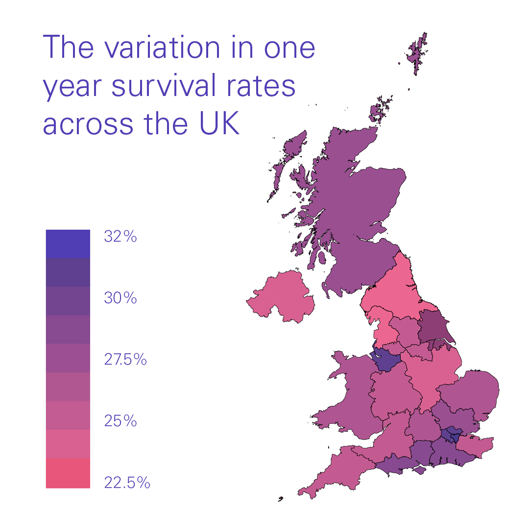 A map showing the variation in one year survival rates across the UK