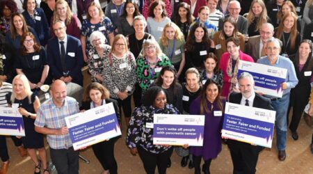 Health professionals, campaigners and people afffected by pancretaic cancer at our Optimal Care Pathway Faster Fairer Funded launch event