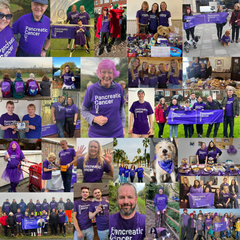 A collage of supporters wearing purple PCUK t-shirts