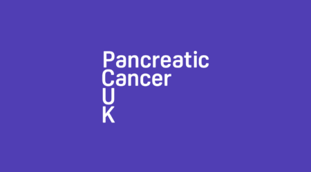 Pancreatic cancer UK logo on a purple background