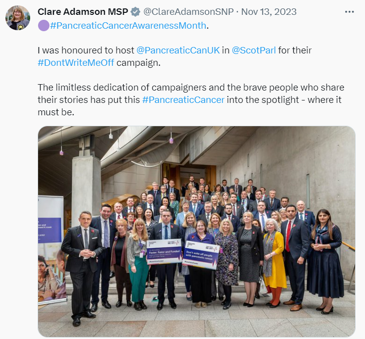 Clare Adamson MSP tweets her thanks to PCUK for running the Scottish Parliament Drop-in 2024