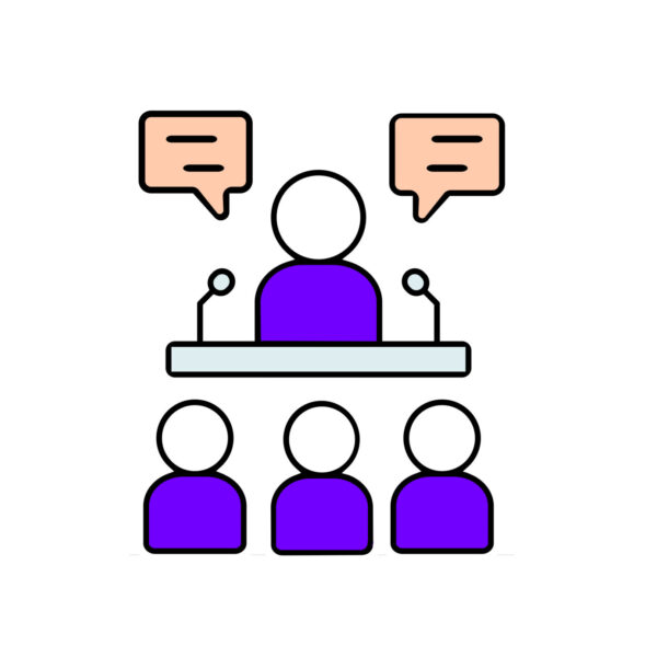 A graphic, blue bodied users listening to one user talking on a microphone with chat boxes