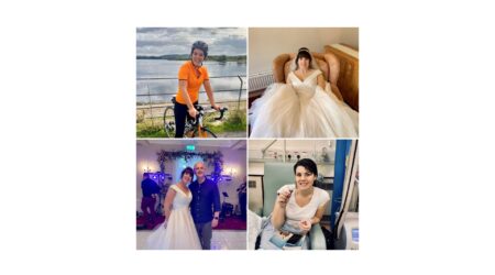 collage of pics of Emma - Emma cycling, sat in her wedding dress, on the dance floor and sat in a hospital chair