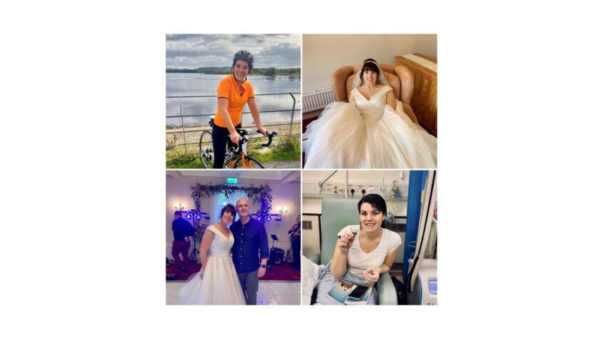 collage of pics of Emma - Emma cycling, sat in her wedding dress, on the dance floor and sat in a hospital chair