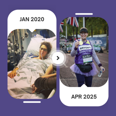 Woman lying in hospital bed dated 2020 and beside it the same woman running a marathon dated 2025