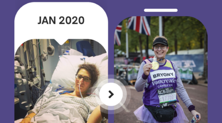 Woman lying in hospital bed dated 2020 and beside it the same woman running a marathon dated 2025