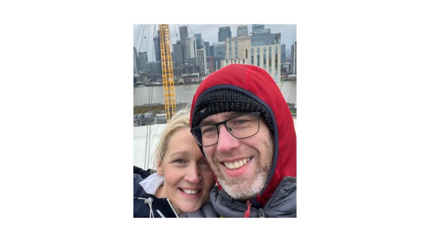 Selfie of mand and woman with city in background