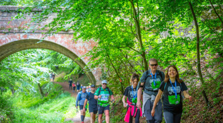 Group of people walking through the Cotswolds woodland