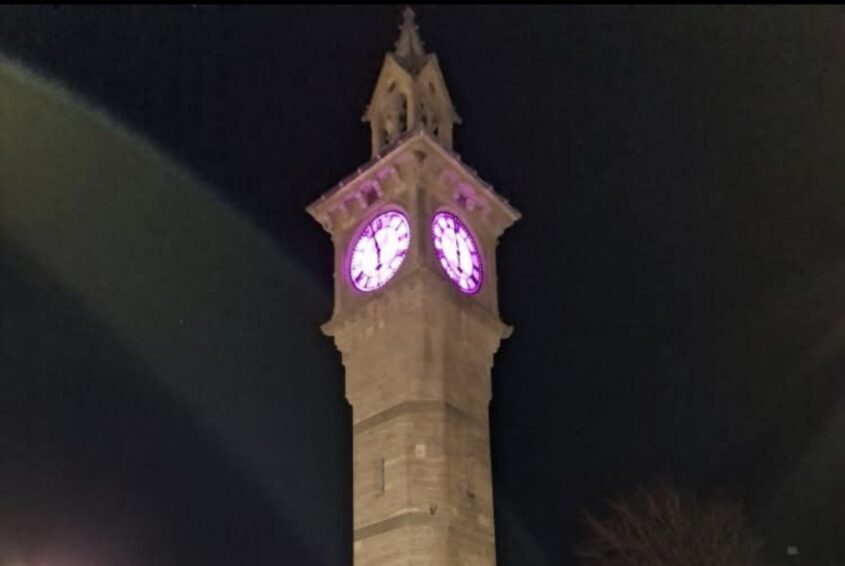 albert clock barnstable lit up purple for Pancreatic Cancer Awareness Month